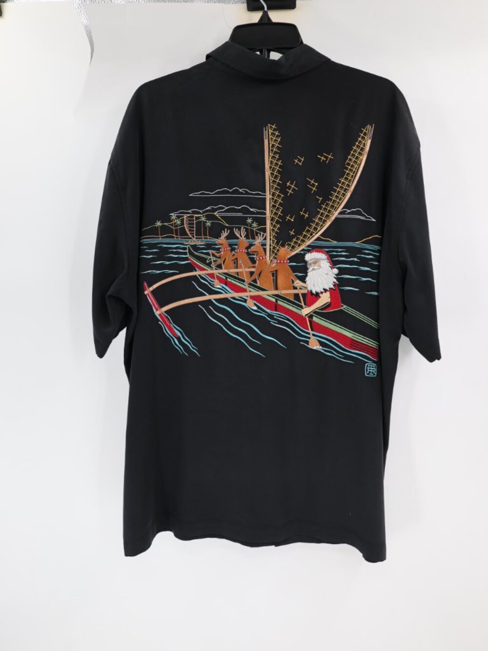 Tori Richard Hawaiian Shirt Mens XL Black Santa Christmas Sleigh Silk reindeer
